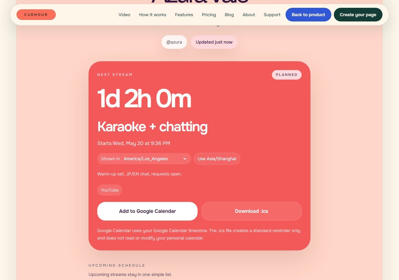 Cuehour demo schedule page showing a stream time converted to America/Los_Angeles