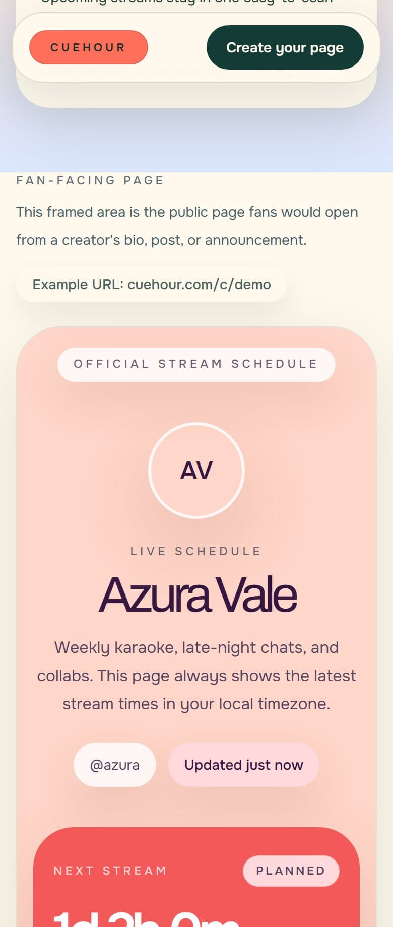 Mobile Cuehour demo schedule page showing the creator profile and next stream card